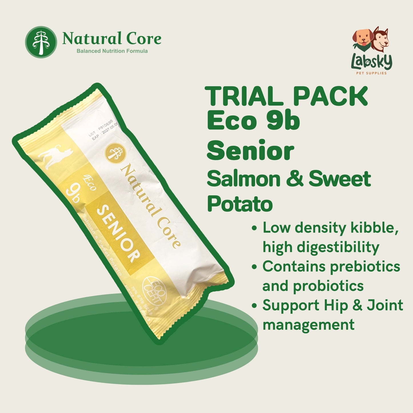 (TRIAL PACK 1PC) Natural Core Hypoallergenic Eco 1, Eco 4 Slim Down, Eco 9b Senior Salmon & Lamb for Sensitive Skin Weight Care Senior Dogs