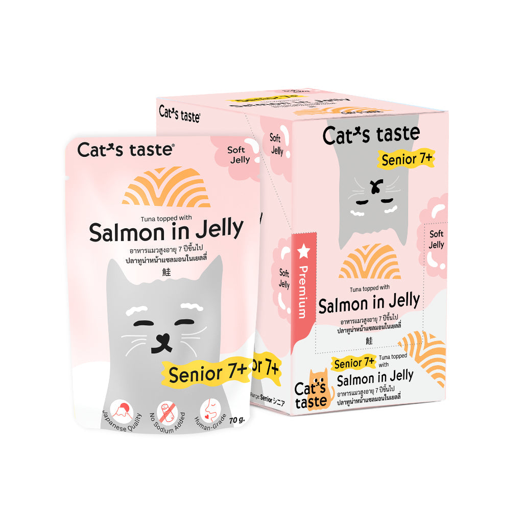 (VALUE BOX) Cat's Taste 12pcs Premium Wet Cat Food for Senior 7+ Soft Jelly Salmon Fiber Collagen