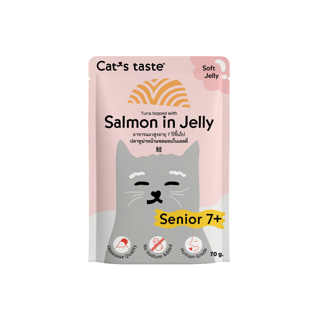 (VALUE BOX) Cat's Taste 12pcs Premium Wet Cat Food for Senior 7+ Soft Jelly Salmon Fiber Collagen