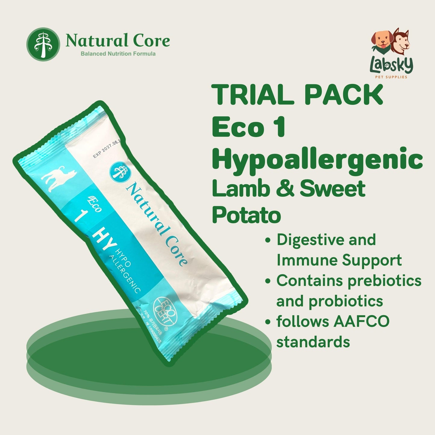 (TRIAL PACK) Natural Core Hypoallergenic Eco 1, Eco 4 Slim Down, Eco 9b Senior Salmon & Lamb for Sensitive Skin Weight Care Senior Dogs