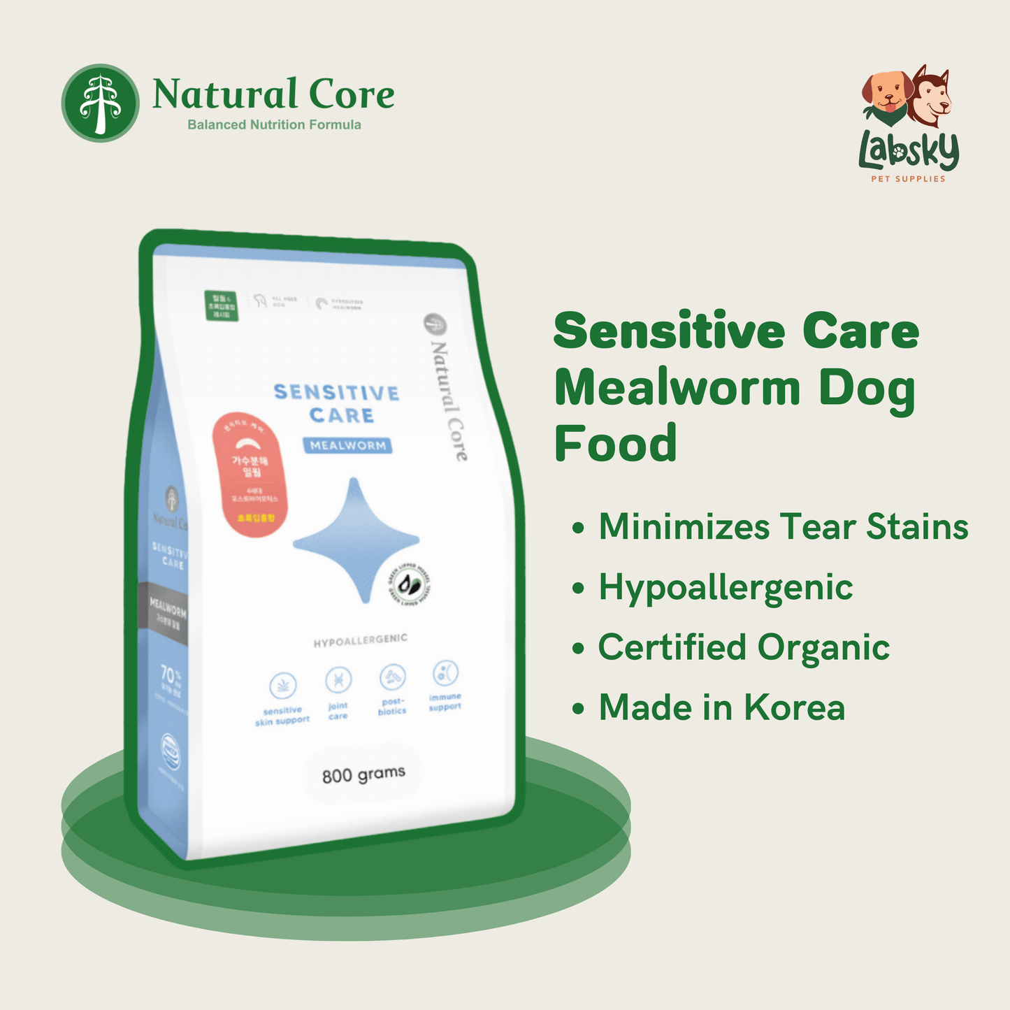 Natural Core Sensitive Care Hypoallergenic Small Bite Organic Dog Food for All Ages - Joint & Skin Health - Digestive Relief - Mealworm & Vege Varieties