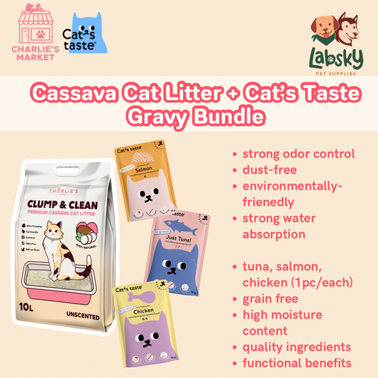 (BUNDLE) Clump and Clean All Natural Dust Free Clumping Odor Control Cassava Cat Litter (4kg) and Wet Cat Food in Gravy (75g x 3 puches)