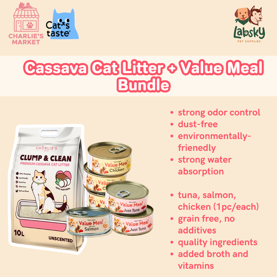 (BUNDLE) Cassava Cat Litter 100% All Natural Dust Free Clumping Odor Control (4kg) and Value Meal Grain-Free Wet Cat Food (160g x 3 cans) for Cats