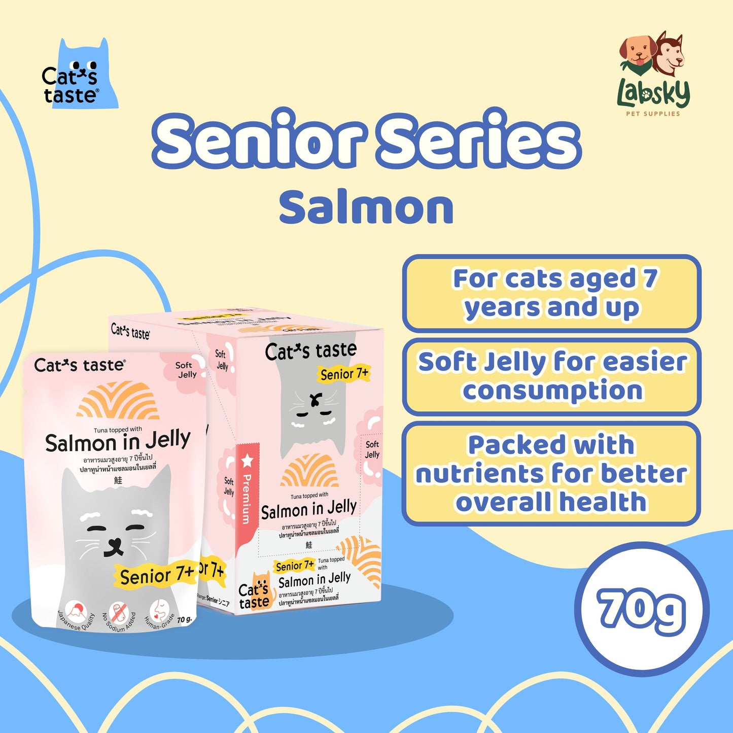 (VALUE BOX) Cat's Taste 12pcs Premium Wet Cat Food for Senior 7+ Soft Jelly Salmon Fiber Collagen