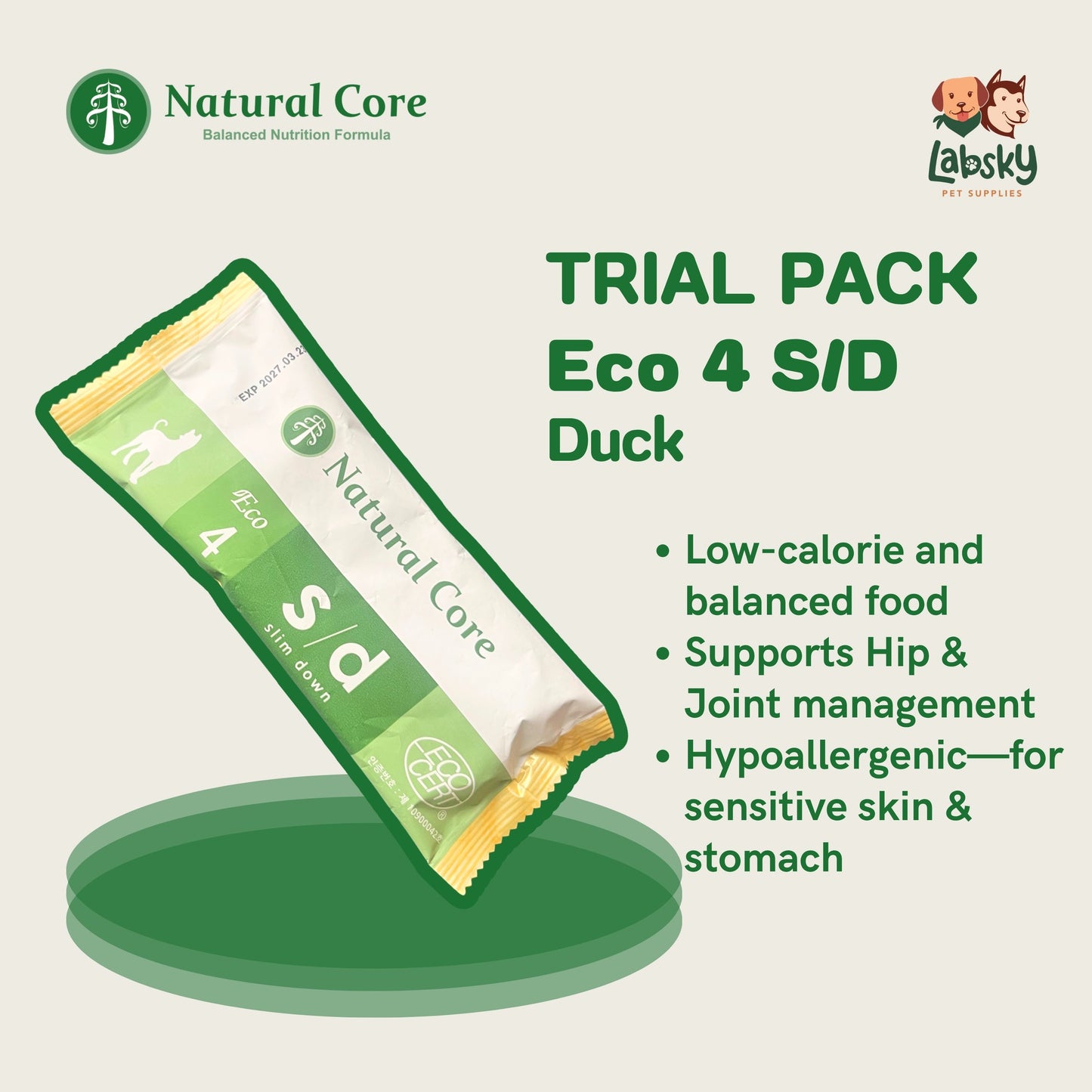 (TRIAL PACK) Natural Core Hypoallergenic Eco 1, Eco 4 Slim Down, Eco 9b Senior Salmon & Lamb for Sensitive Skin Weight Care Senior Dogs