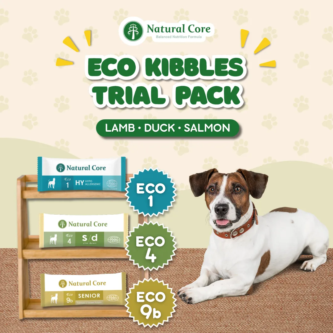 (TRIAL PACK 1PC) Natural Core Hypoallergenic Eco 1, Eco 4 Slim Down, Eco 9b Senior Salmon & Lamb for Sensitive Skin Weight Care Senior Dogs