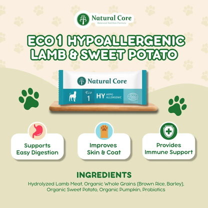 (TRIAL PACK 1PC) Natural Core Hypoallergenic Eco 1, Eco 4 Slim Down, Eco 9b Senior Salmon & Lamb for Sensitive Skin Weight Care Senior Dogs