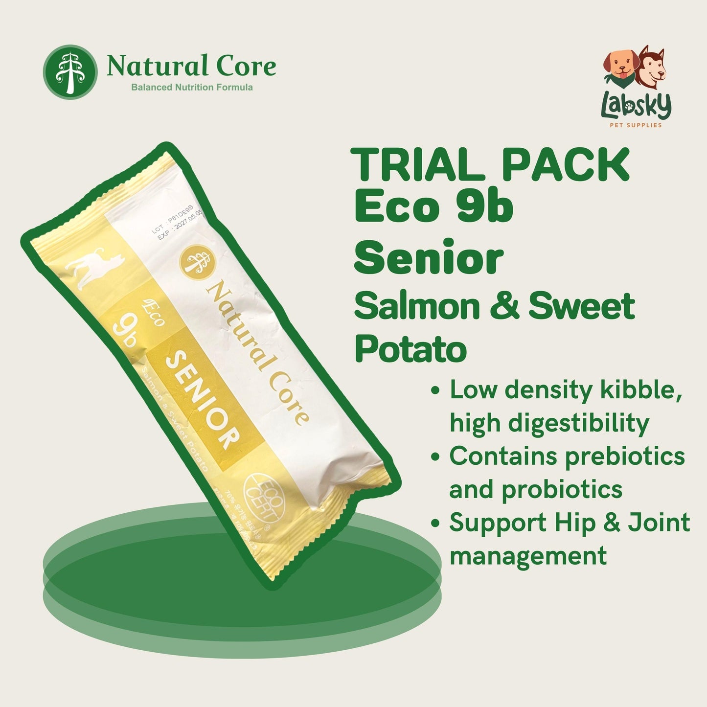 (TRIAL PACK) Natural Core Hypoallergenic Eco 1, Eco 4 Slim Down, Eco 9b Senior Salmon & Lamb for Sensitive Skin Weight Care Senior Dogs