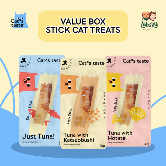 (VALUE BOX) Cat's Taste 12pcs Tasty Stick Cat Treats - Tuna, Scallop, Bonito 30g