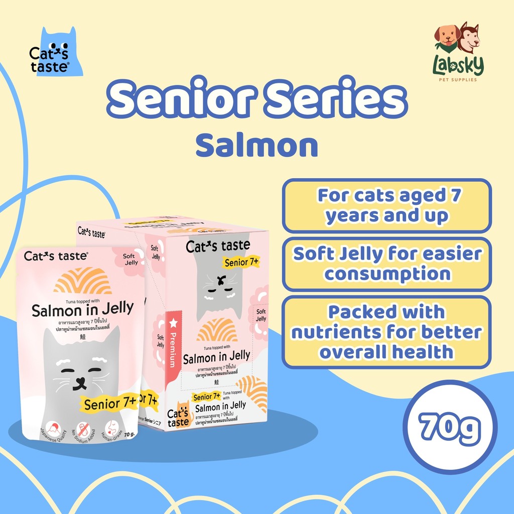 (VALUE BOX) Cat's Taste 12pcs Premium Wet Cat Food for Senior 7+ Soft Jelly Salmon Fiber Collagen
