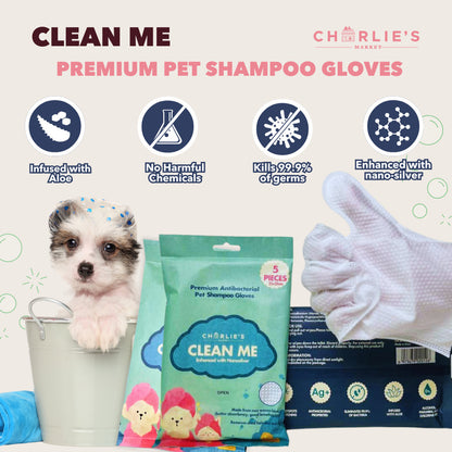 (SAVER BUNDLE) Charlie's Market Antibacterial Natural Nano Silver Pet Shampoo Gloves Dogs and Cats